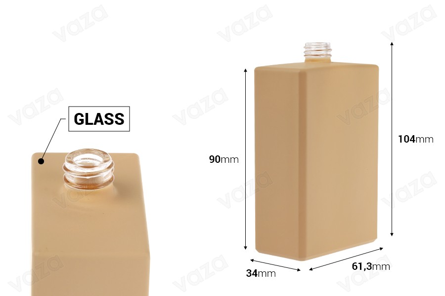 Flacone per profumo in vetro da 100 ml (15/400) di forma rettangolare e di colore beige gommato-dimensioni_immagine