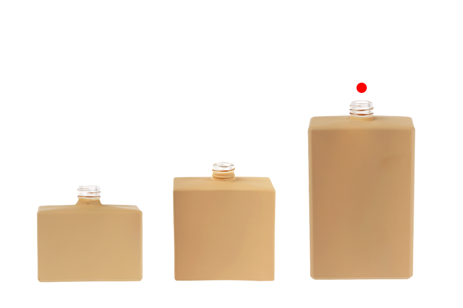 Glass perfume bottle 100 ml (15/400) in rectangular shape and in rubber beige color Glass perfume bottle 100 ml (15/400) in rectangular shape and in rubber beige color-