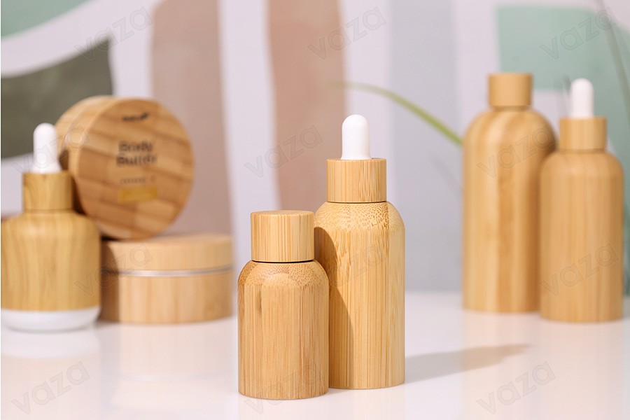 Glasflasche für ätherische Öle, 30 ml, mit PP18-Ausgießer und Bambusbeschichtung-bildgruppe