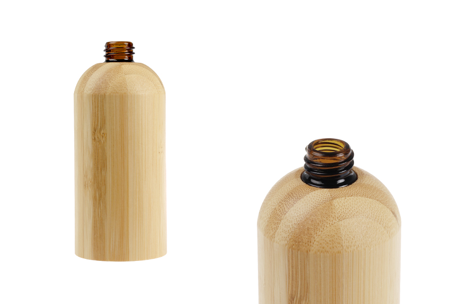 Flacone in vetro per oli essenziali da 100 ml con beccuccio PP18 e rivestimento in bambù Flacone in vetro per oli essenziali da 100 ml con beccuccio PP18 e rivestimento in bambù-immagine_prodotto