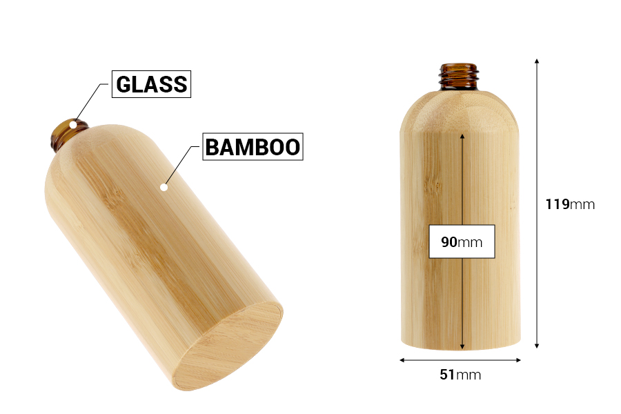 Flacone in vetro per oli essenziali da 100 ml con beccuccio PP18 e rivestimento in bambù Flacone in vetro per oli essenziali da 100 ml con beccuccio PP18 e rivestimento in bambù-dimensioni_immagine