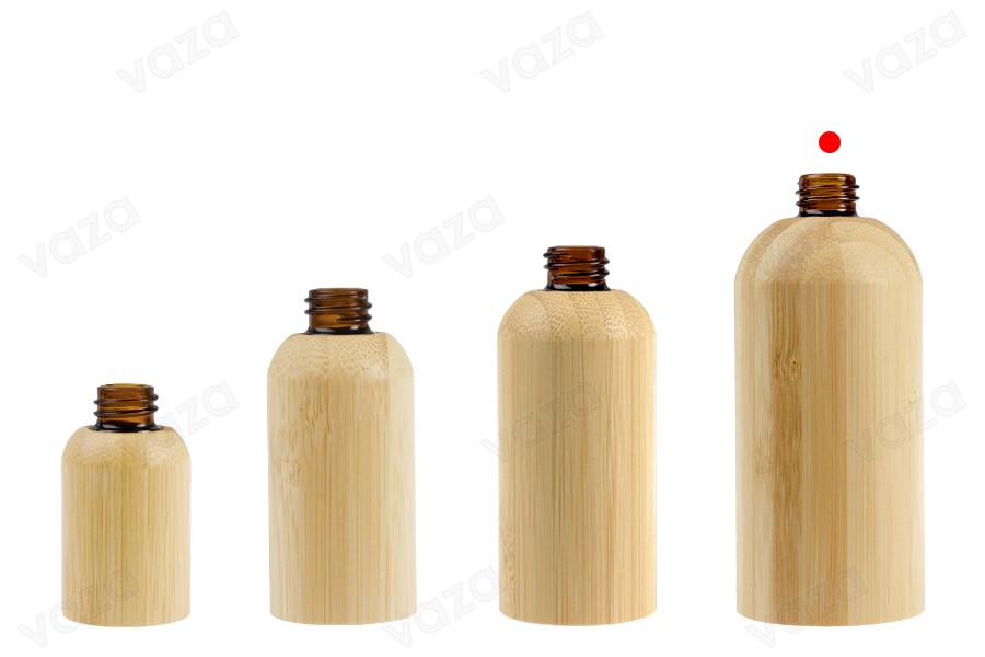 Glasflasche für ätherische Öle, 100 ml, mit PP18-Ausgießer und Bambusbeschichtung-bildgruppe