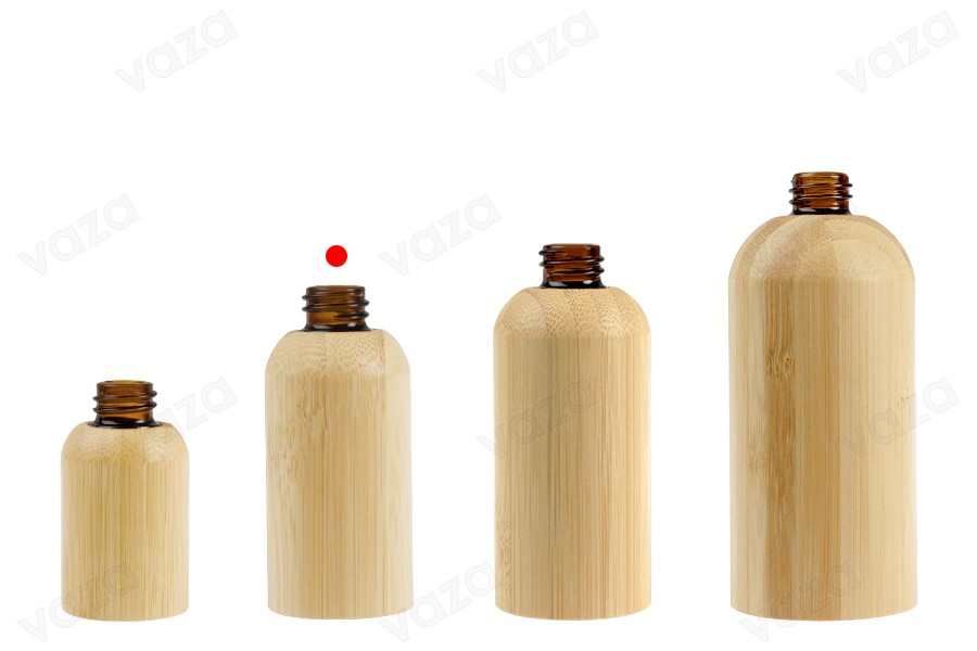 Glasflasche für ätherische Öle, 30 ml, mit PP18-Ausgießer und Bambusbeschichtung-bildgruppe