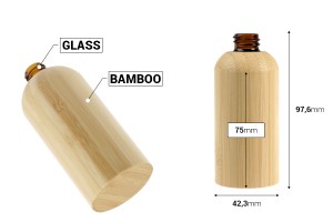 Glasflasche für ätherische Öle, 50 ml, mit PP18-Ausgießer und Bambusbeschichtung-photo_dimensions