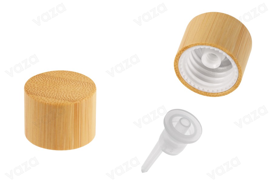 Tappo in plastica con rivestimento in bambù e contagocce interno per flaconi con collo PP18-immagine_prodotto