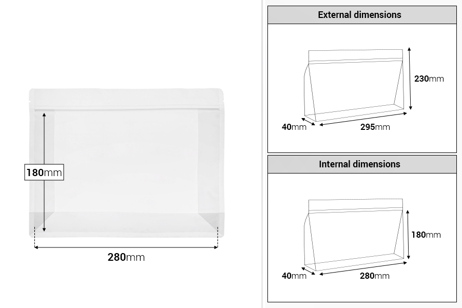 Σακουλάκια ημιδιάφανα τύπου Doy Pack 295x40x230 mm με κλείσιμο zip και δυνατότητα σφράγισης με θερμοκόλληση - 50 τμχ Σακουλάκια ημιδιάφανα τύπου Doy Pack 295x40x230 mm με κλείσιμο zip και δυνατότητα σφράγισης με θερμοκόλληση - 50 τμχ-εικόνα_διαστάσεις
