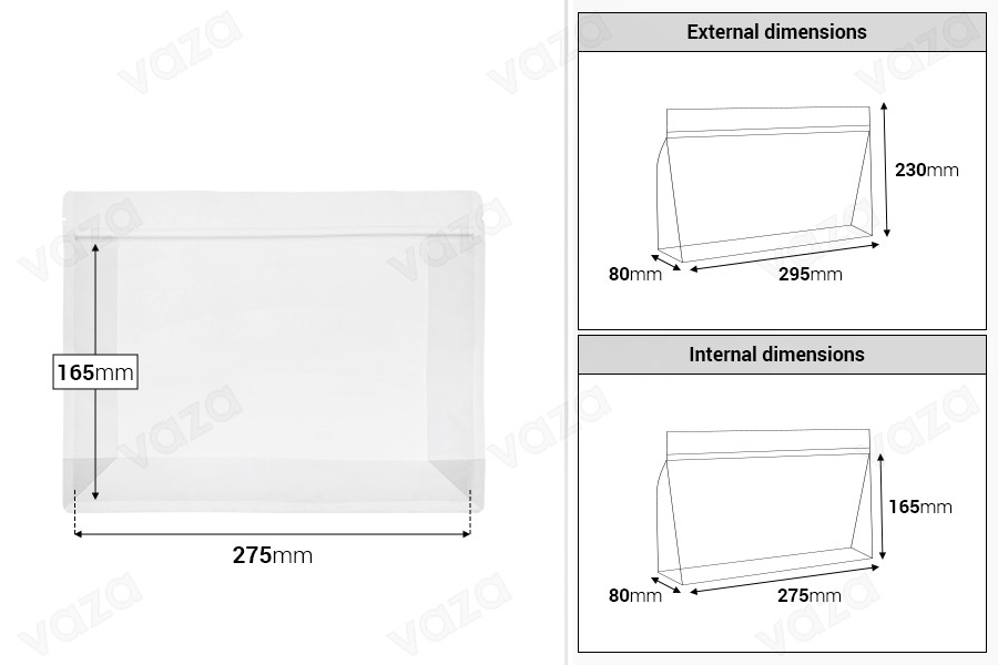 Sachets Doy Pack semi-transparents 295 x 40 x 230 mm avec fermeture zip et thermoscellables - 50 unités-photo_dimensions