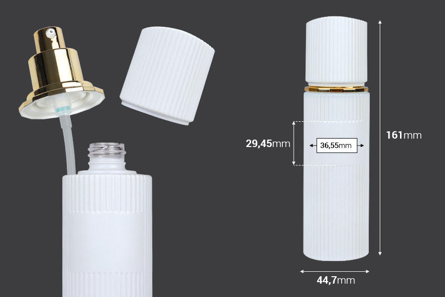 Lussuosa bottiglia in vetro da 100 ml di colore bianco opaco con tappo e pompetta per crema dorata-εικόνα_διαστάσεις