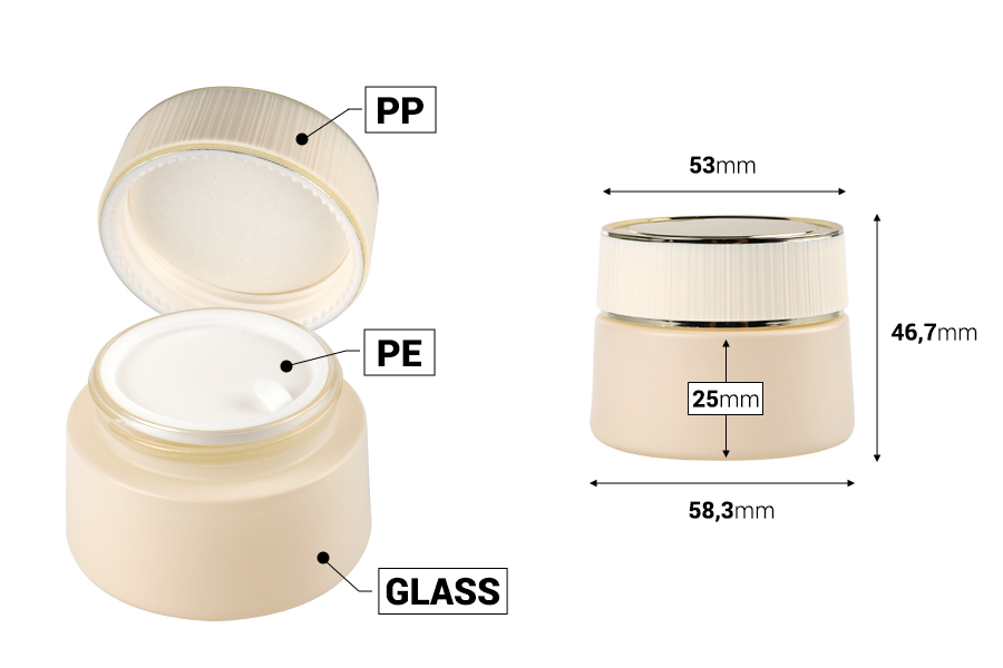 Vasetto di vetro di lusso da 30 ml in finitura beige opaco per crema, con coperchio e guarnizione in plastica Vasetto di vetro di lusso da 30 ml in finitura beige opaco per crema, con coperchio e guarnizione in plastica
