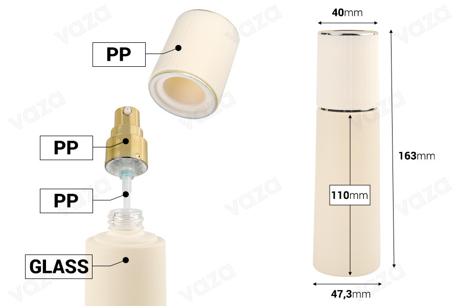 Γυάλινο μπουκάλι 100 ml πολυτελείας σε μπεζ ματ χρώμα με καπάκι και χρυσή αντλία κρέμας-εικόνα_διαστάσεις
