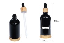 Glasflasche 100 ml schwarz mit Kunststofftropfer und Holzstand Glasflasche 100 ml schwarz mit Kunststofftropfer und Holzstand