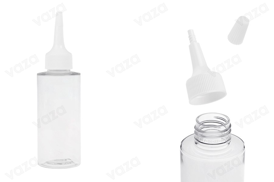 Πλαστικό (PET) διάφανο μπουκάλι 100 ml με "μύτη" και λευκό βιδωτό καπάκι Πλαστικό (PET) διάφανο μπουκάλι 100 ml με "μύτη" και λευκό βιδωτό καπάκι-εικόνα_προϊοντική