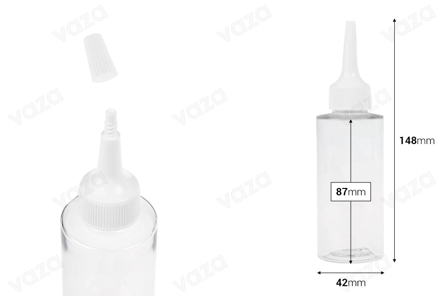 Πλαστικό (PET) διάφανο μπουκάλι 100 ml με "μύτη" και λευκό βιδωτό καπάκι Πλαστικό (PET) διάφανο μπουκάλι 100 ml με "μύτη" και λευκό βιδωτό καπάκι-εικόνα_διαστάσεις