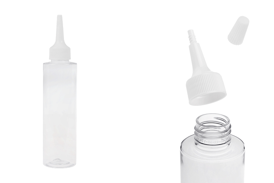 Πλαστικό (PET) διάφανο μπουκάλι 150 ml με "μύτη" και λευκό βιδωτό καπάκι-εικόνα_προϊοντική