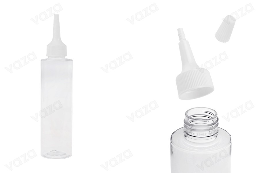 Πλαστικό (PET) διάφανο μπουκάλι 150 ml με "μύτη" και λευκό βιδωτό καπάκι-εικόνα_προϊοντική