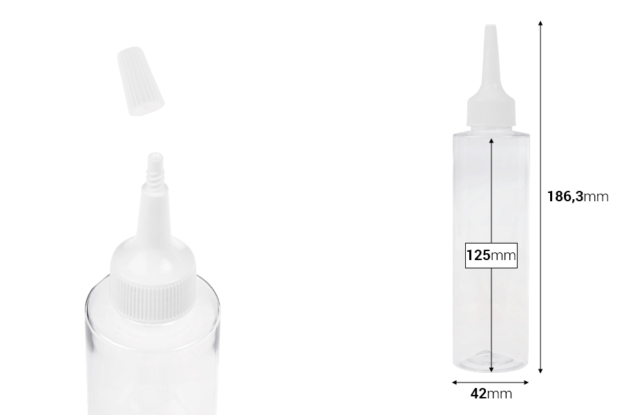 Πλαστικό (PET) διάφανο μπουκάλι 150 ml με "μύτη" και λευκό βιδωτό καπάκι-εικόνα_διαστάσεις