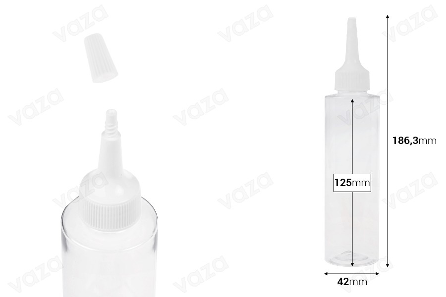Πλαστικό (PET) διάφανο μπουκάλι 150 ml με "μύτη" και λευκό βιδωτό καπάκι-εικόνα_διαστάσεις