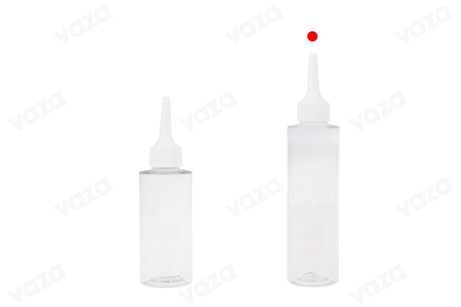 Πλαστικό (PET) διάφανο μπουκάλι 150 ml με "μύτη" και λευκό βιδωτό καπάκι-εικόνα_σύνθεση