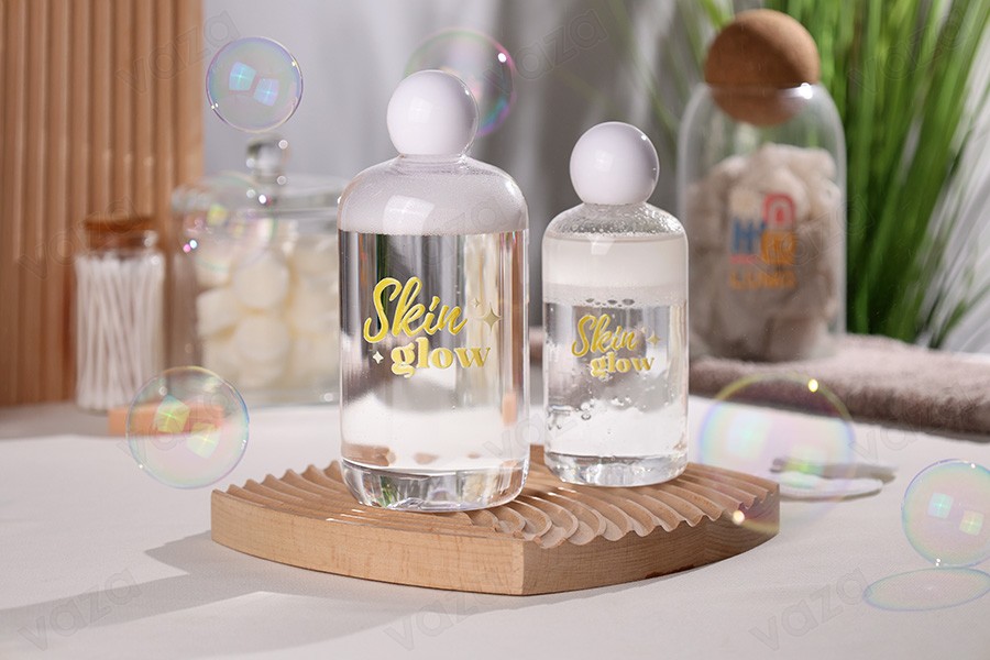 Transparente Flasche aus Kunststoff (PET) 250 ml mit weißer runder Kappe und Stopfen-bildgruppe