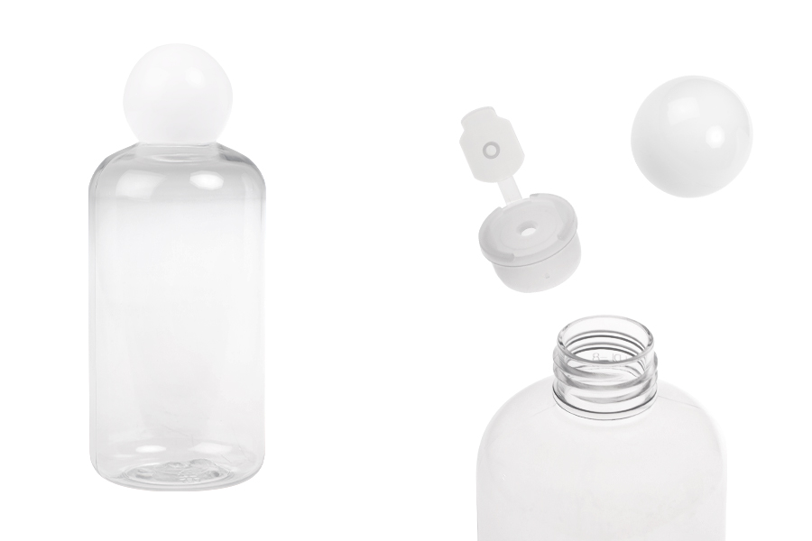 Bouteille en plastique (PET) transparente de 250 ml avec bouchon rond blanc et bouchon Bouteille en plastique (PET) transparente de 250 ml avec bouchon rond blanc et bouchon-photo_produit
