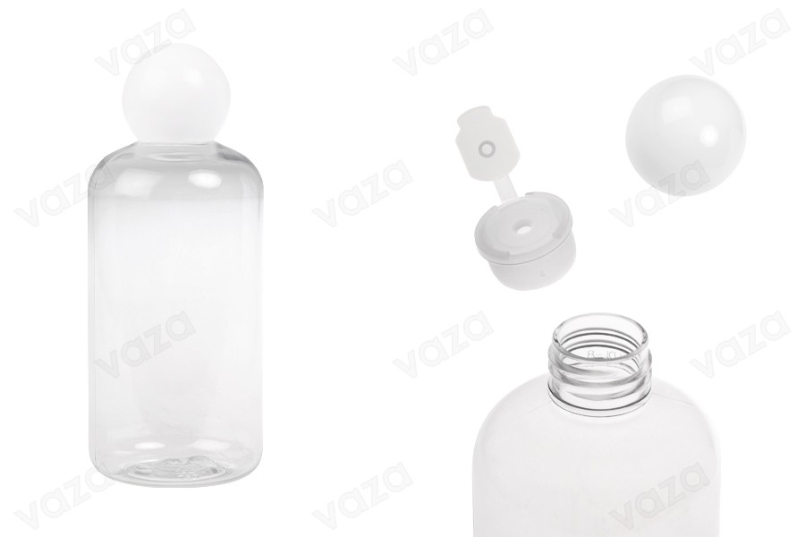 Transparente Flasche aus Kunststoff (PET) 250 ml mit weißer runder Kappe und Stopfen-produktbild