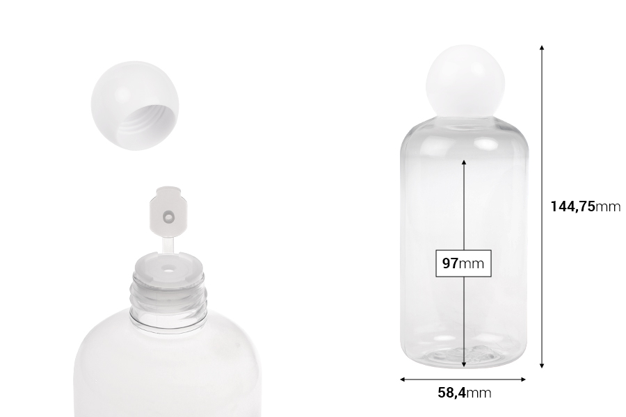 Bouteille en plastique (PET) transparente de 250 ml avec bouchon rond blanc et bouchon Bouteille en plastique (PET) transparente de 250 ml avec bouchon rond blanc et bouchon-photo_dimensions