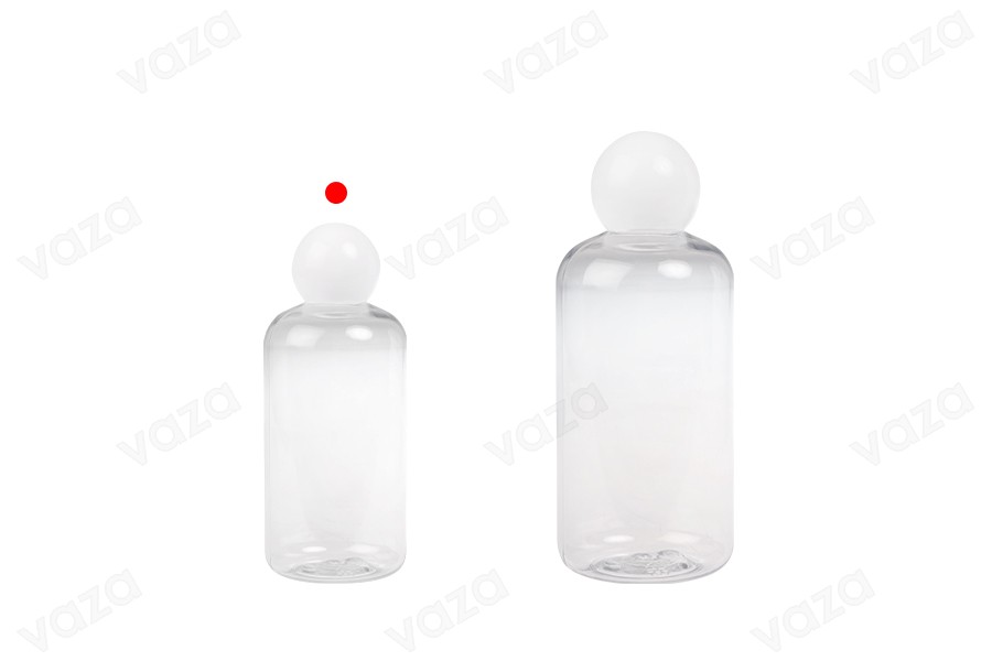 Transparente Flasche aus Kunststoff (PET) 250 ml mit weißer runder Kappe und Stopfen-bildgruppe