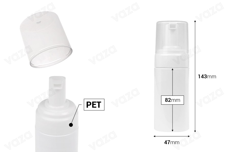 Πλαστικό (PET) λευκό μπουκάλι 100 ml με λευκή αντλία για αφρό (foam) και καπάκι-εικόνα_διαστάσεις