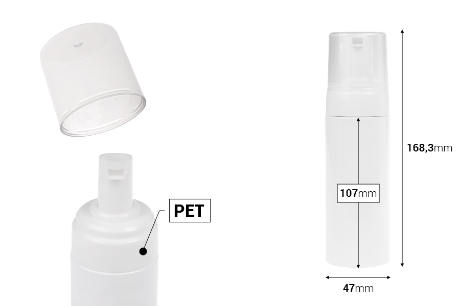 Flacon en plastique PET blanc de 150 ml avec pompe en mousse blanche et bouchon-photo_dimensions