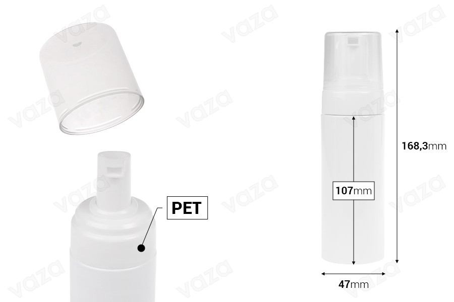 Πλαστικό (PET) λευκό μπουκάλι 150 ml με λευκή αντλία για αφρό (foam) και καπάκι-εικόνα_διαστάσεις