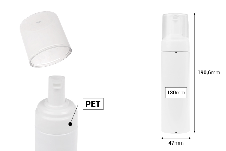 Flacon en plastique PET blanc de 200 ml avec pompe et bouchon en mousse blanche-photo_dimensions
