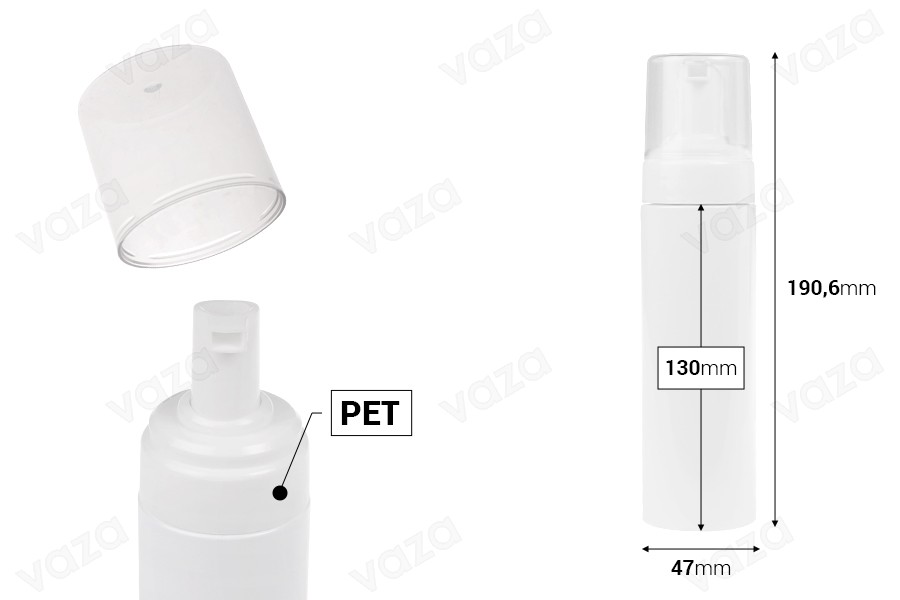 Πλαστικό (PET) λευκό μπουκάλι 200 ml με λευκή αντλία για αφρό (foam) και καπάκι-εικόνα_διαστάσεις
