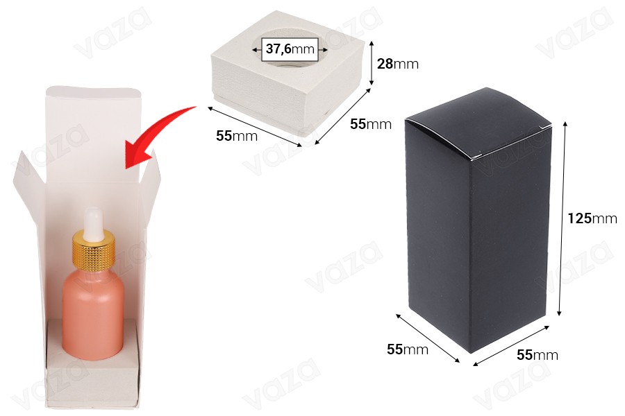 Papierverpackungsbox 55x55x125 mm mit innerer Schaumstofftasche für ätherische Ölflaschen 50 ml - 20 Stück-bildabmessungen