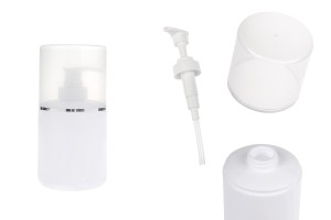 Flacon en plastique (HDPE) blanc de 300 ml avec pompe à crème et bouchon transparent orné d'une bande argentée -εικόνα_προϊοντική