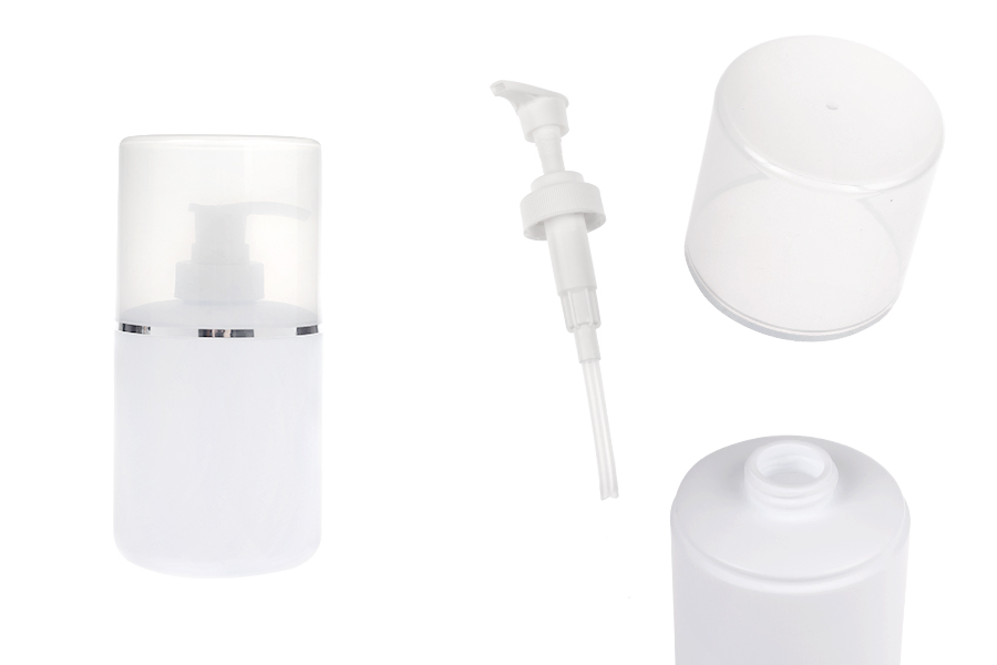 Flacone bianco in plastica (HDPE) da 300 ml con pompa per crema e tappo trasparente con striscia argentata-immagine_prodotto