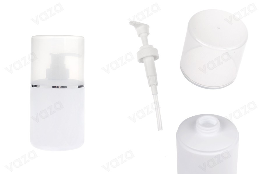 Shishe plastike (HDPE) e bardhë 300 ml me pompë kremi dhe kapak transparent me shirit argjendi-imazh_produkt