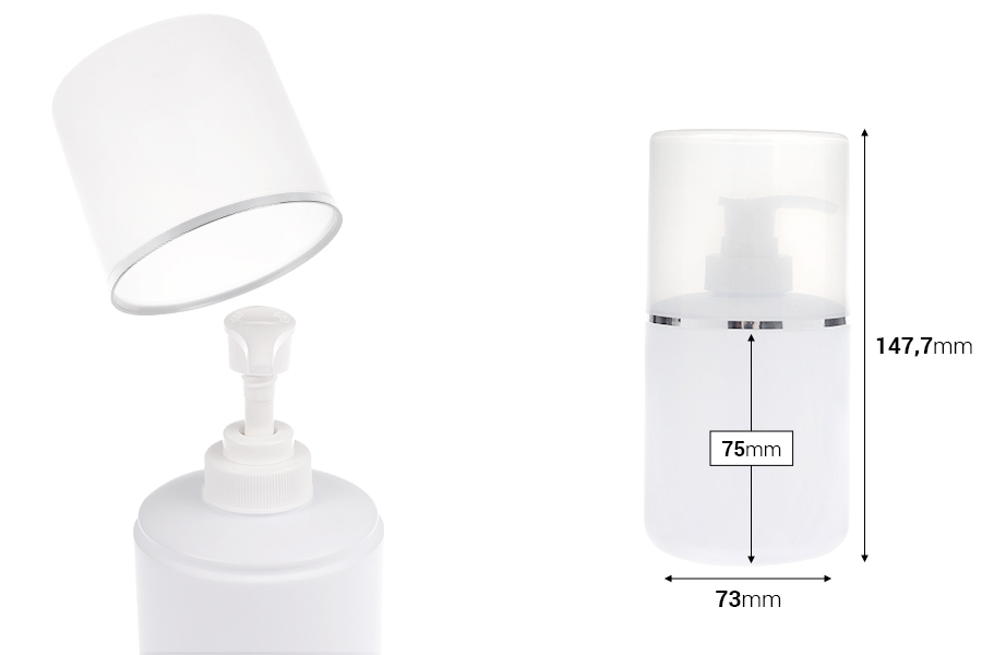 Flacone bianco in plastica (HDPE) da 300 ml con pompa per crema e tappo trasparente con striscia argentata-dimensioni_immagine