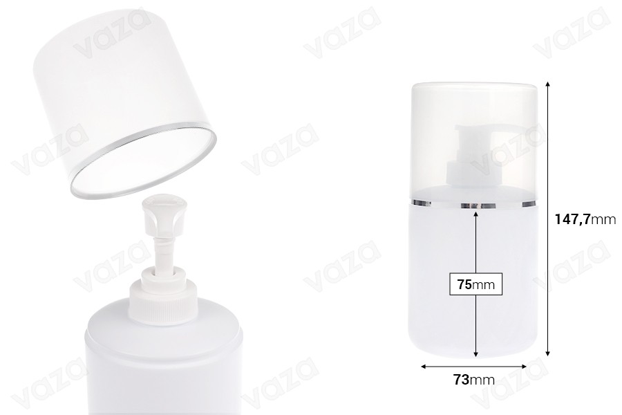 Shishe plastike (HDPE) e bardhë 300 ml me pompë kremi dhe kapak transparent me shirit argjendi-imazh_dimensione