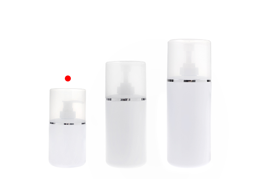 Flacone bianco in plastica (HDPE) da 300 ml con pompa per crema e tappo trasparente con striscia argentata-gruppo_immagini