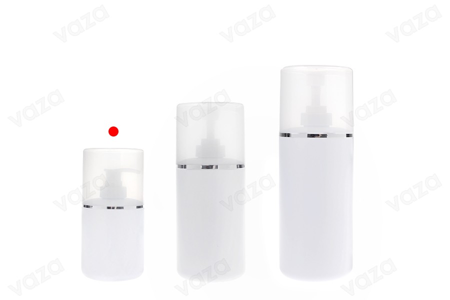 Shishe plastike (HDPE) e bardhë 300 ml me pompë kremi dhe kapak transparent me shirit argjendi-imazh_grup