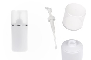 Flacon en plastique (HDPE) blanc de 400 ml avec pompe à crème et bouchon transparent orné d'une bande argentée -εικόνα_προϊοντική