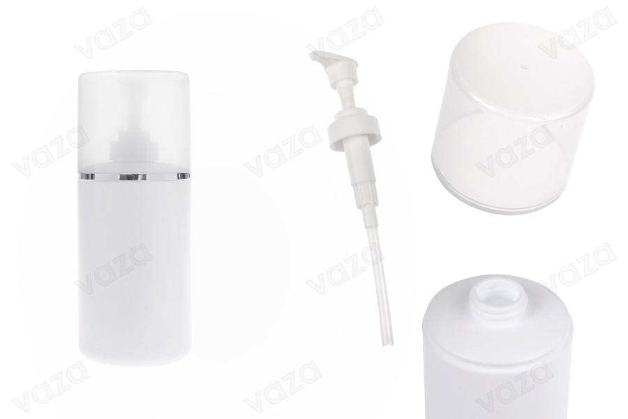 Πλαστικό (HDPE) λευκό μπουκάλι 400 ml με αντλία κρέμας και διάφανο καπάκι με ασημί ρίγα Πλαστικό (HDPE) λευκό μπουκάλι 400 ml με αντλία κρέμας και διάφανο καπάκι με ασημί ρίγα -εικόνα_προϊοντική