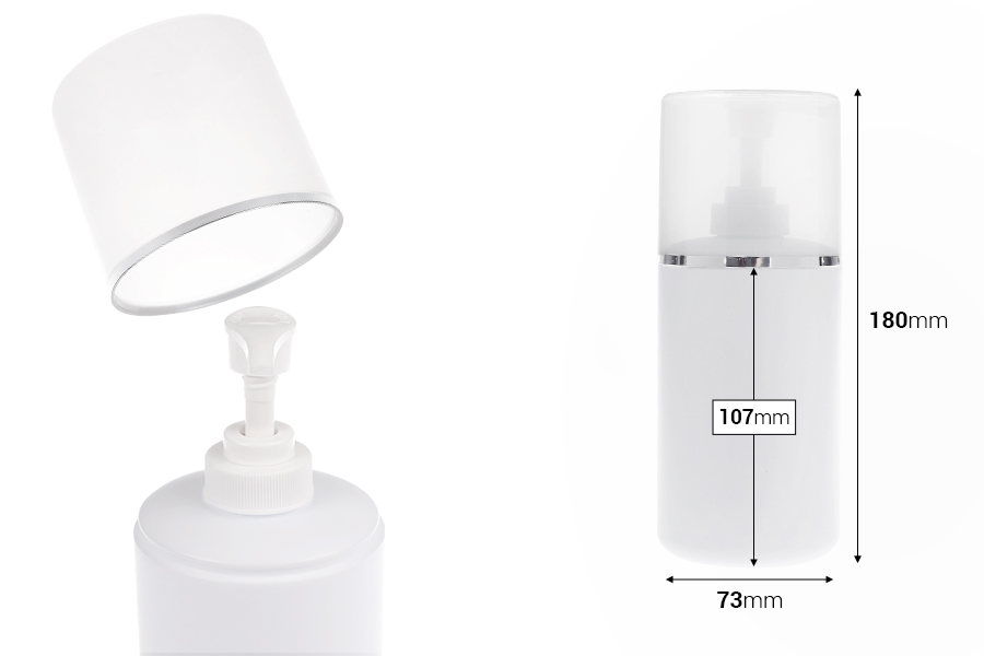 Flacone bianco in plastica (HDPE) da 400 ml con pompa per crema e tappo trasparente con striscia argentata-dimensioni_immagine