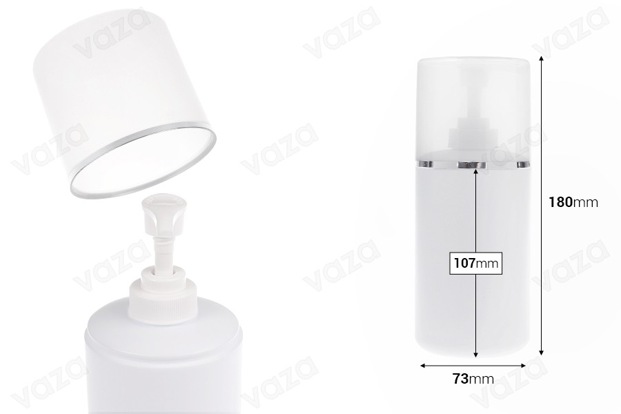 Πλαστικό (HDPE) λευκό μπουκάλι 400 ml με αντλία κρέμας και διάφανο καπάκι με ασημί ρίγα Πλαστικό (HDPE) λευκό μπουκάλι 400 ml με αντλία κρέμας και διάφανο καπάκι με ασημί ρίγα -εικόνα_διαστάσεις