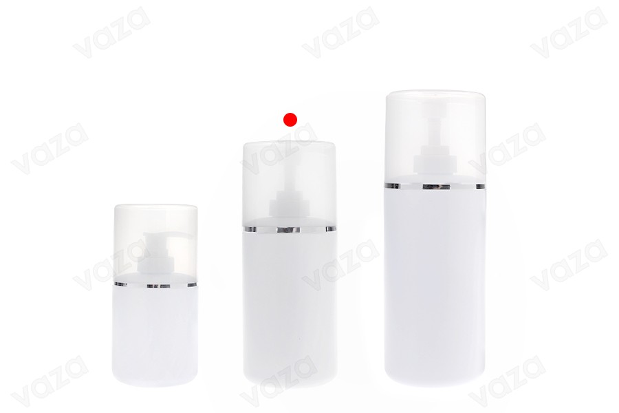 Πλαστικό (HDPE) λευκό μπουκάλι 400 ml με αντλία κρέμας και διάφανο καπάκι με ασημί ρίγα Πλαστικό (HDPE) λευκό μπουκάλι 400 ml με αντλία κρέμας και διάφανο καπάκι με ασημί ρίγα -εικόνα_σύνθεση