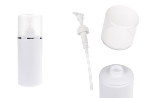 Flacon en plastique (HDPE) blanc de 500 ml avec pompe à crème et bouchon transparent orné d'une bande argentée -εικόνα_προϊοντική