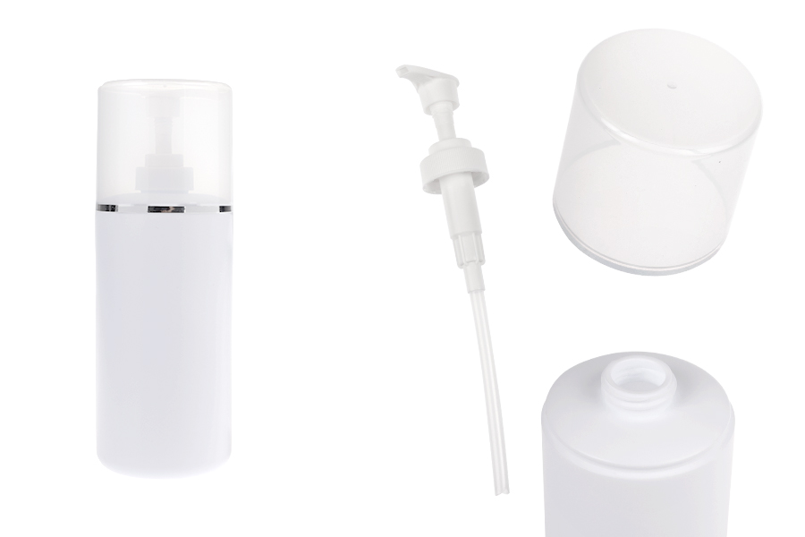 Flacone bianco in plastica (HDPE) da 500 ml con pompa per crema e tappo trasparente con striscia argentata-immagine_prodotto