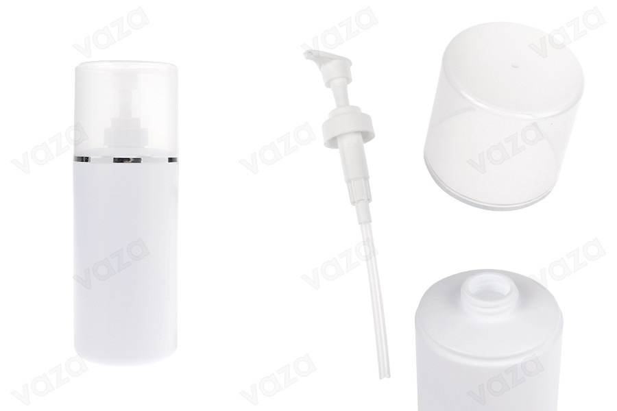 Shishe plastike (HDPE) e bardhë 500 ml me pompë kremi dhe kapak transparent me shirit argjendi-imazh_produkt