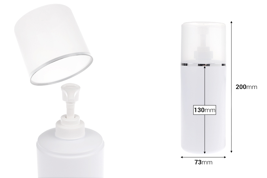 Flacone bianco in plastica (HDPE) da 500 ml con pompa per crema e tappo trasparente con striscia argentata-dimensioni_immagine