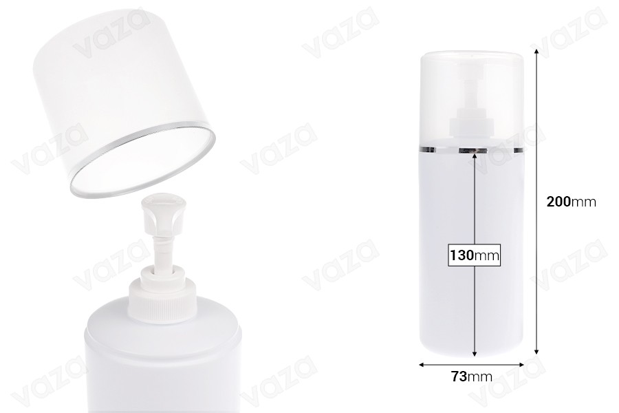 Shishe plastike (HDPE) e bardhë 500 ml me pompë kremi dhe kapak transparent me shirit argjendi-imazh_dimensione